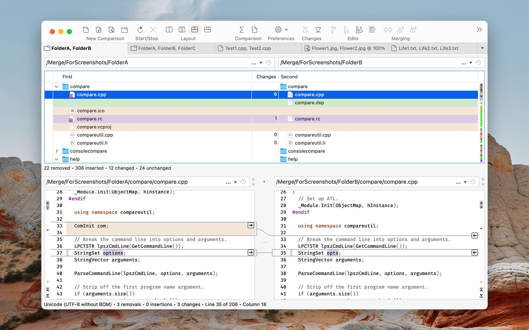 Two-way folder comparison with text comparison (Merge for macOS)